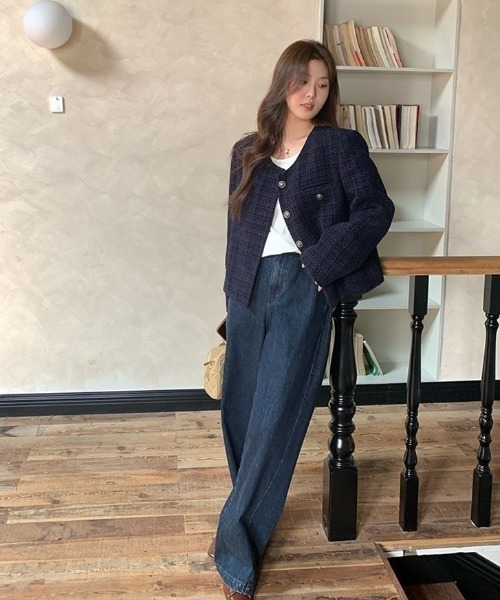Teem Store(チームストア)の「金ボタンノーカラーショートツイードジャケット(ノーカラージャケット・レディース・ブルー・M)」の12枚目の写真