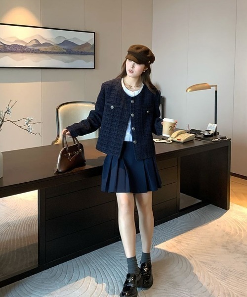 Teem Store(チームストア)の「金ボタンノーカラーショートツイードジャケット(ノーカラージャケット・レディース・ブルー・M)」の14枚目の写真