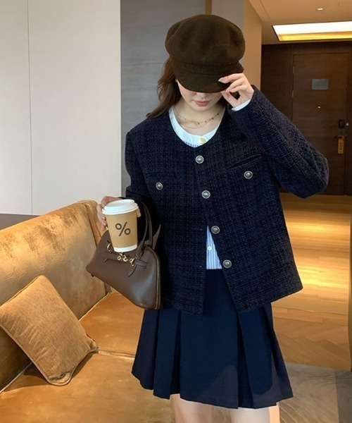 Teem Store(チームストア)の「金ボタンノーカラーショートツイードジャケット(ノーカラージャケット・レディース・ブルー・M)」の15枚目の写真