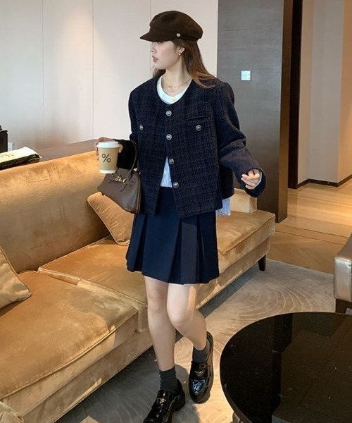 Teem Store(チームストア)の「金ボタンノーカラーショートツイードジャケット(ノーカラージャケット・レディース・ブルー・M)」の20枚目の写真
