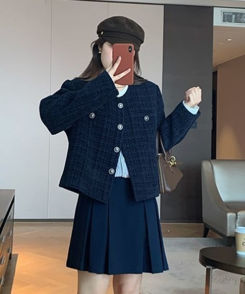 Teem Store(チームストア)の「金ボタンノーカラーショートツイードジャケット(ノーカラージャケット・レディース・ブルー・M)」の17枚目の写真