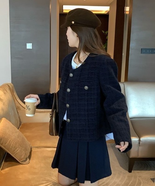 Teem Store(チームストア)の「金ボタンノーカラーショートツイードジャケット(ノーカラージャケット・レディース・ブルー・M)」の18枚目の写真