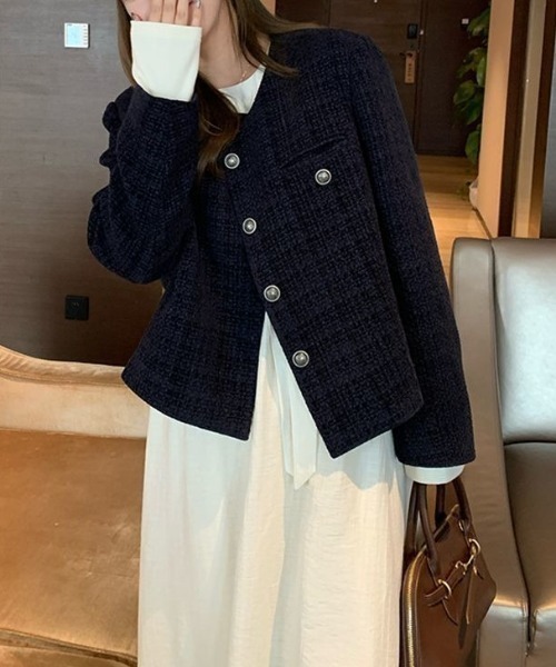 Teem Store(チームストア)の「金ボタンノーカラーショートツイードジャケット(ノーカラージャケット・レディース・ブルー・M)」の6枚目の写真