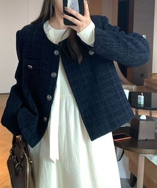 Teem Store(チームストア)の「金ボタンノーカラーショートツイードジャケット(ノーカラージャケット・レディース・ブルー・M)」の5枚目の写真