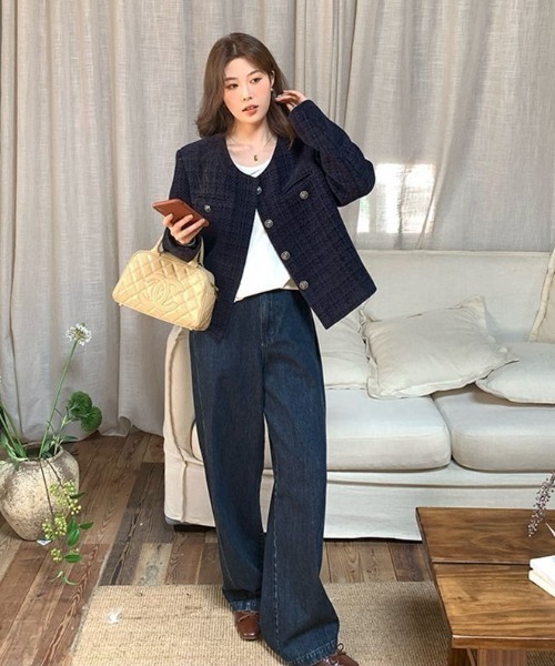 Teem Store(チームストア)の「金ボタンノーカラーショートツイードジャケット(ノーカラージャケット・レディース・ブルー・M)」の19枚目の写真