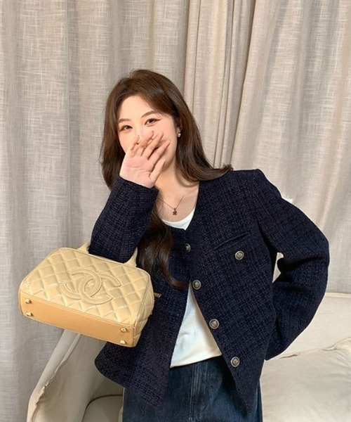 Teem Store(チームストア)の「金ボタンノーカラーショートツイードジャケット(ノーカラージャケット・レディース・ブルー・M)」の9枚目の写真