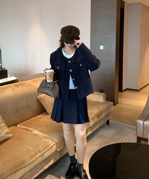 Teem Store(チームストア)の「金ボタンノーカラーショートツイードジャケット(ノーカラージャケット・レディース・ブルー・M)」の21枚目の写真