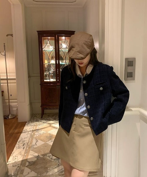 Teem Store(チームストア)の「金ボタンノーカラーショートツイードジャケット(ノーカラージャケット・レディース・ブルー・M)」の22枚目の写真