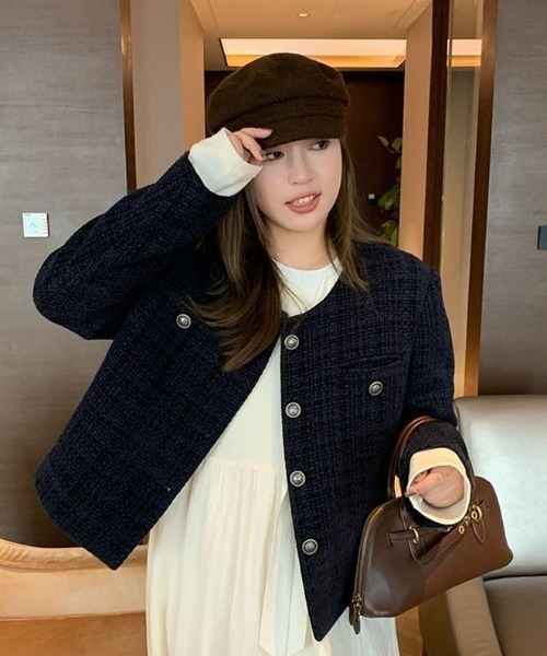 Teem Store(チームストア)の「金ボタンノーカラーショートツイードジャケット(ノーカラージャケット・レディース・ブルー・M)」の10枚目の写真