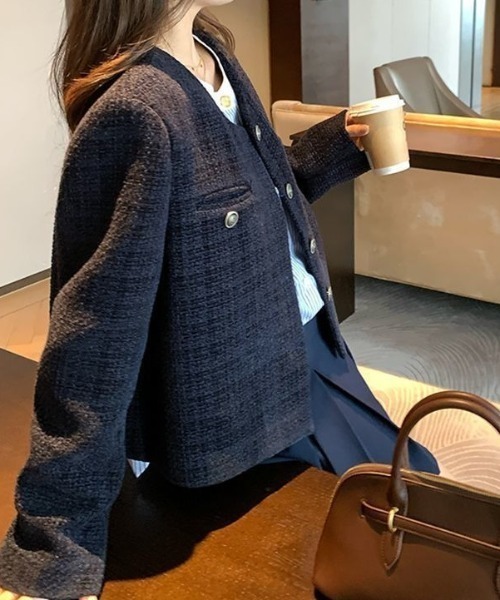 Teem Store(チームストア)の「金ボタンノーカラーショートツイードジャケット(ノーカラージャケット・レディース・ブルー・M)」の8枚目の写真
