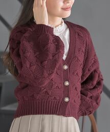 リボン編みＶネックショートニットカーディガン