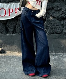 サイドプリーツバックル付きデニムワイドパンツ