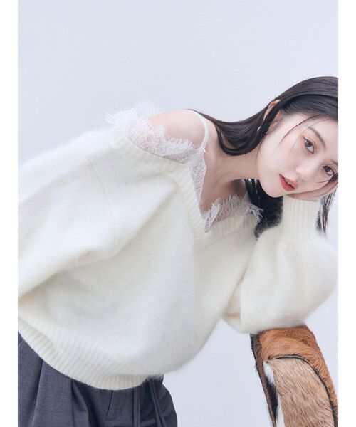 LAGUNAMOON（ラグナムーン）の「レースオフショルウールニット（ニット/セーター・レディース・チャコールグレー/ピンク/アイボリー・FREE）」の6枚目の写真