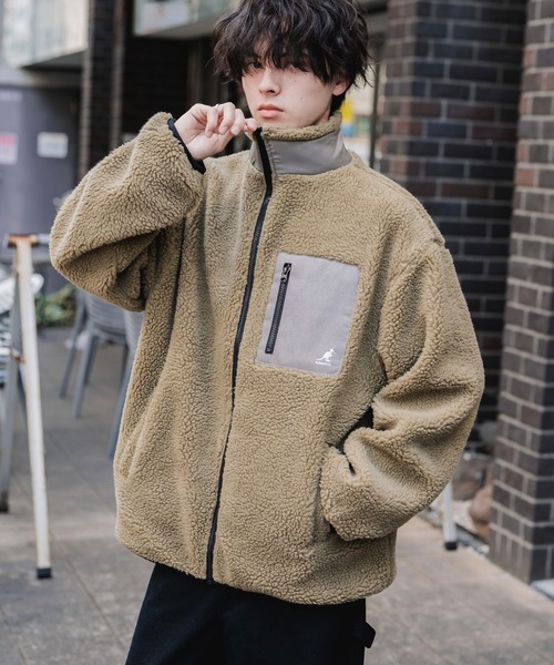 KANGOL（カンゴール）の「新色追加 KANGOL カンゴール 別注コラボ オーバーサイズワンポイントロゴ刺繍シープボアフリースジャケット/ブルゾン（ブルゾン・メンズ・チャコール/ネイビー/ブラウン/オフホワイト/グレイッシュベージュ/ベージュ/ブラック・L/M/XL）」の6枚目の写真