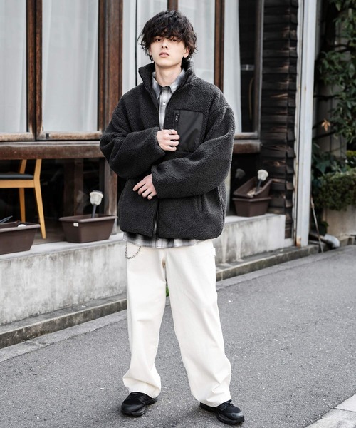 KANGOL（カンゴール）の「新色追加 KANGOL カンゴール 別注コラボ オーバーサイズワンポイントロゴ刺繍シープボアフリースジャケット/ブルゾン（ブルゾン・メンズ・チャコール/ネイビー/ブラウン/オフホワイト/グレイッシュベージュ/ベージュ/ブラック・L/M/XL）」の20枚目の写真