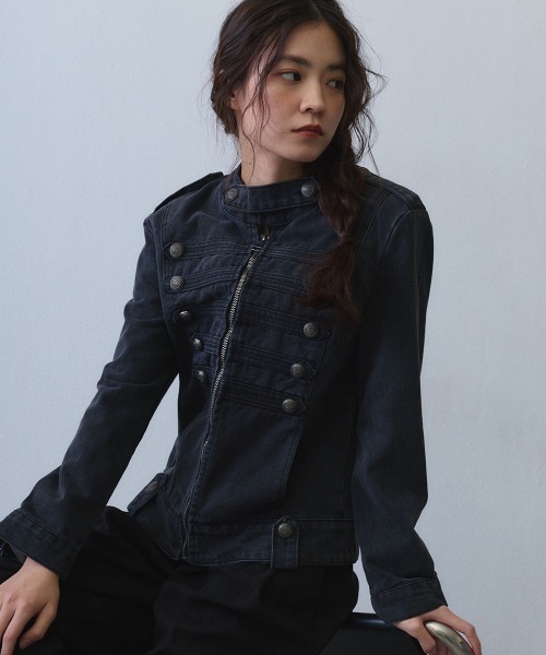 Clum(クルム)の「metal button napoleon denim jacket / メタルボタンナポレオンデニムジャケット(ミリタリージャケット・レディース・ブラック・SMALL/MEDIUM/LARGE)」の3枚目の写真