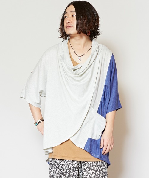 チャイハネ（チャイハネ）の「【チャイハネ】ドレープMEN'Sトップス（Tシャツ/カットソー・メンズ・ブラック/ホワイト/ベージュ/ブルー/パープル/ターコイズブルー/オフホワイト/ホワイト×ブルー/グリーン・FREE）」の4枚目の写真