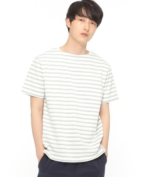 LAKOLE（ラコレ）の「【汗ジミ軽減】バスクボーダー半袖Tシャツ / LAKOLE（Tシャツ/カットソー・メンズ・グレー/ネイビー/ブルー/ベージュ/イエロー/オレンジ・LARGE/MEDIUM）」の2枚目の写真