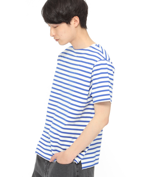 LAKOLE（ラコレ）の「【汗ジミ軽減】バスクボーダー半袖Tシャツ / LAKOLE（Tシャツ/カットソー・メンズ・グレー/ネイビー/ブルー/ベージュ/イエロー/オレンジ・LARGE/MEDIUM）」の5枚目の写真