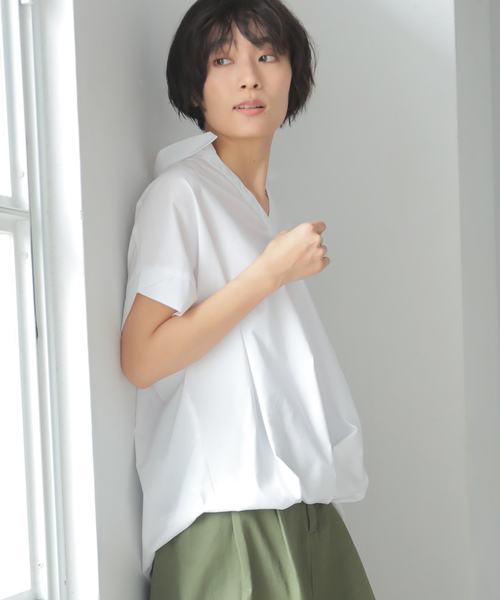 AMERICAN HOLIC（アメリカンホリック）の「チューリップ袖スキッパー裾タックブラウス＊（シャツ/ブラウス・レディース・ネイビー/オフホワイト/その他5/ストライプ/チェック/ブルー系その他7・M/L）」の2枚目の写真