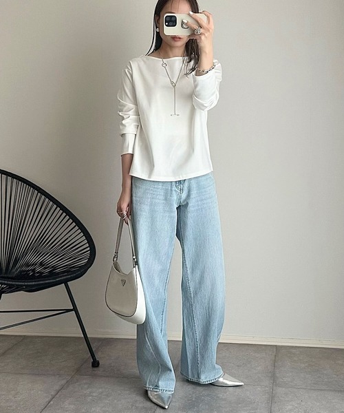 andme(アンドミー)の「【新色追加】きれいめポンチ長袖クルーネックトップス(Tシャツ/カットソー・レディース・ネイビー/ホワイト/ブラック/ベージュ/ライトブラウン/グレー系その他/グレー系その他2/ミント/グレー系その他3/ホワイト×ブラック/ブラウン・L/M)」の18枚目の写真
