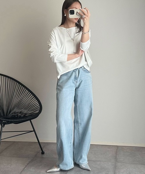 andme(アンドミー)の「【新色追加】きれいめポンチ長袖クルーネックトップス(Tシャツ/カットソー・レディース・ネイビー/ホワイト/ブラック/ベージュ/ライトブラウン/グレー系その他/グレー系その他2/ミント/グレー系その他3/ホワイト×ブラック/ブラウン・L/M)」の19枚目の写真