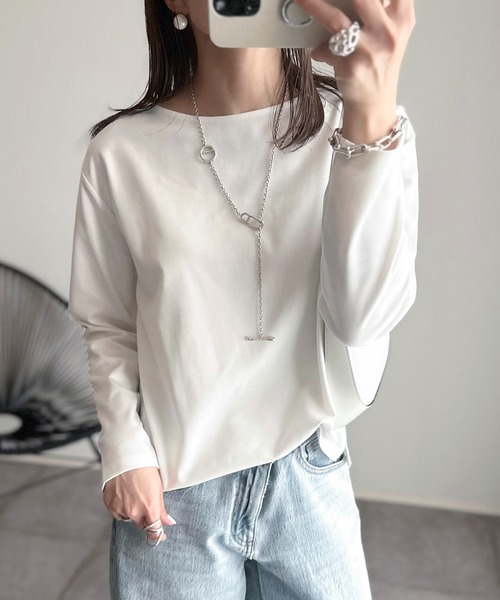 andme(アンドミー)の「【新色追加】きれいめポンチ長袖クルーネックトップス(Tシャツ/カットソー・レディース・ネイビー/ホワイト/ブラック/ベージュ/ライトブラウン/グレー系その他/グレー系その他2/ミント/グレー系その他3/ホワイト×ブラック/ブラウン・L/M)」の17枚目の写真