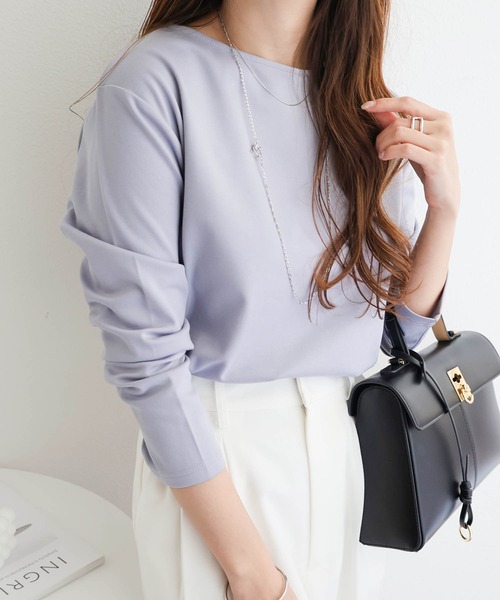 andme(アンドミー)の「【新色追加】きれいめポンチ長袖クルーネックトップス(Tシャツ/カットソー・レディース・ネイビー/ホワイト/ブラック/ベージュ/ライトブラウン/グレー系その他/グレー系その他2/ミント/グレー系その他3/ホワイト×ブラック/ブラウン・L/M)」の21枚目の写真