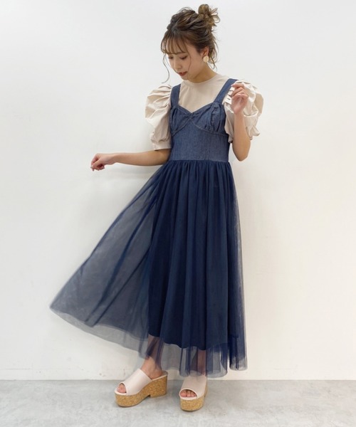 one after another NICE CLAUP（ワンアフターアナザーナイスクラップ）の「チュールドッキングジャンバースカートワンピース（ワンピース・レディース・ブルー系その他/オフホワイト/ベージュ・FREE）」の4枚目の写真