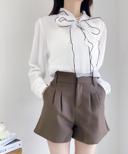 セール】フロントタックハイウエストショートパンツ（裏地付き