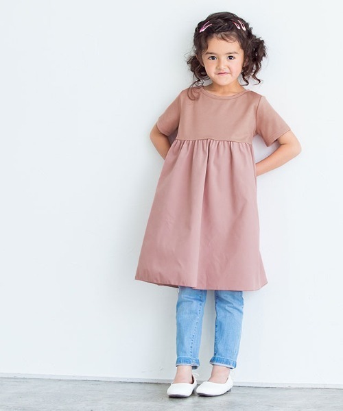 kidsギャザー切替ワンピース綿100％