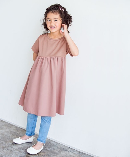 kidsギャザー切替ワンピース綿100％