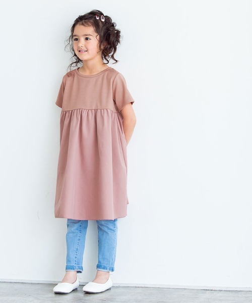 kidsギャザー切替ワンピース綿100％