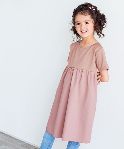 kidsギャザー切替ワンピース綿100％