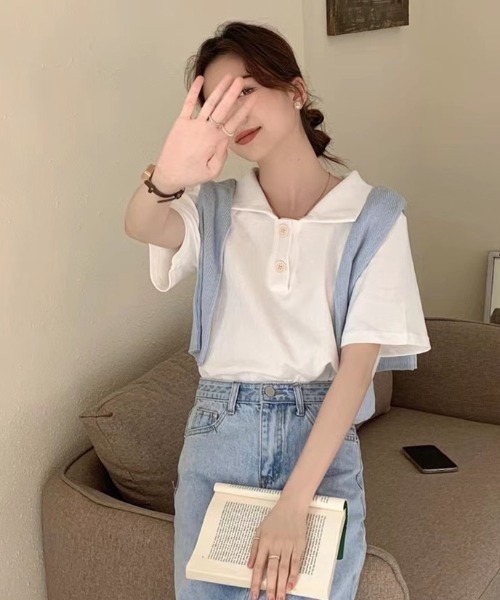 ABITOKYO（アビトーキョー）の「ルーズポロエリTシャツ（Tシャツ/カットソー・レディース・ホワイト/ブラック/グレー/ブルー/イエロー/ピンク・FREE）」の10枚目の写真