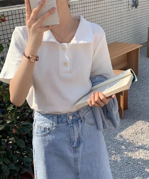 ABITOKYO（アビトーキョー）の「ルーズポロエリTシャツ（Tシャツ/カットソー・レディース・ホワイト/ブラック/グレー/ブルー/イエロー/ピンク・FREE）」の11枚目の写真