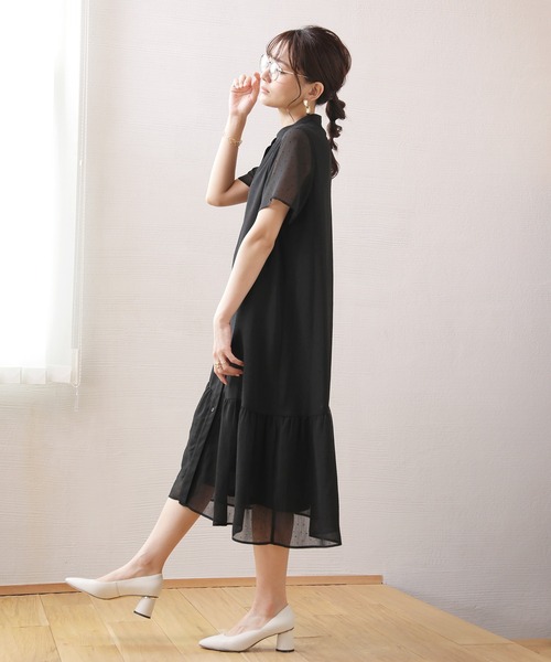 ENNEA(エンネア)の「【シフォン楊柳ドット】裾ギャザー切り替えブラウスワンピース(ワンピース・レディース・ブラック/ブラウン/グリーン・38)」の2枚目の写真