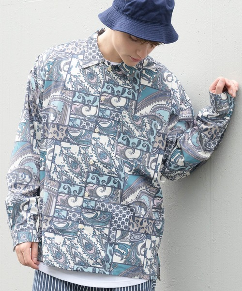 ８(eight)（エイト）の「総柄プリント長袖BIGシャツ（シャツ/ブラウス・メンズ・サックスブルー/ブラック/オフホワイト/ホワイト/ブラウン/ワインレッド/ブルー・MEDIUM/LARGE）」の2枚目の写真