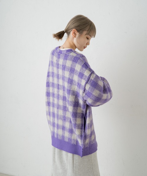 Kastane（カスタネ）の「起毛チェックニットカーデ（カーディガン/ボレロ・レディース・パープル/グリーン・FREE）」の5枚目の写真