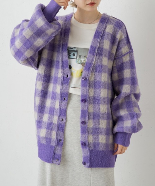 Kastane（カスタネ）の「起毛チェックニットカーデ（カーディガン/ボレロ・レディース・パープル/グリーン・FREE）」の3枚目の写真