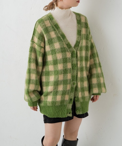 Kastane（カスタネ）の「起毛チェックニットカーデ（カーディガン/ボレロ・レディース・パープル/グリーン・FREE）」の10枚目の写真