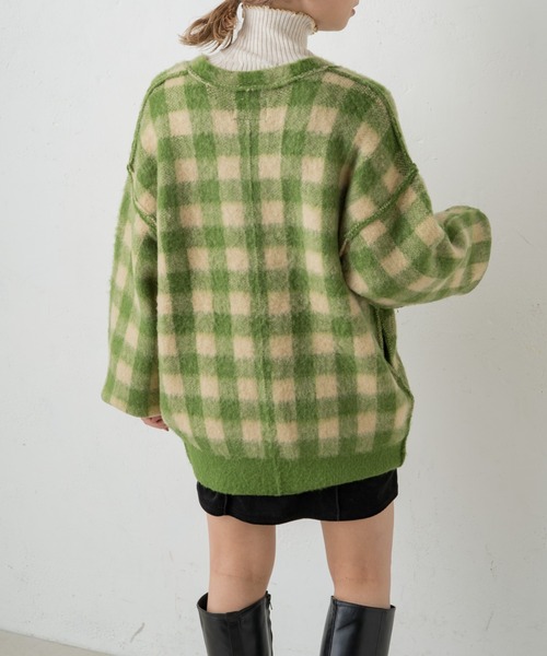 Kastane（カスタネ）の「起毛チェックニットカーデ（カーディガン/ボレロ・レディース・パープル/グリーン・FREE）」の6枚目の写真