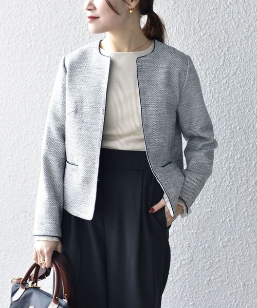 SHIPS（シップス）の「ツイードノーカラージャケット（セットアップ対応）◆（ノーカラージャケット・レディース・ブラック/ブルー/ネイビー・36/38）」の3枚目の写真