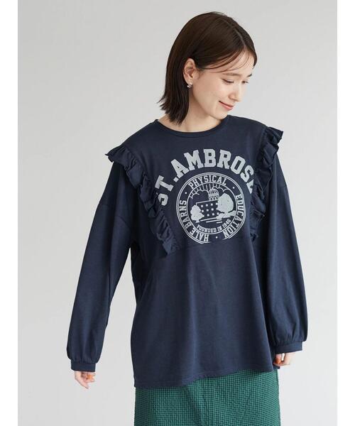 Green　Parks（グリーンパークス）の「肩フリルカレッジプリントチュニック（Tシャツ/カットソー・レディース・アイボリー/ネイビー/カーキ・FREE）」の7枚目の写真