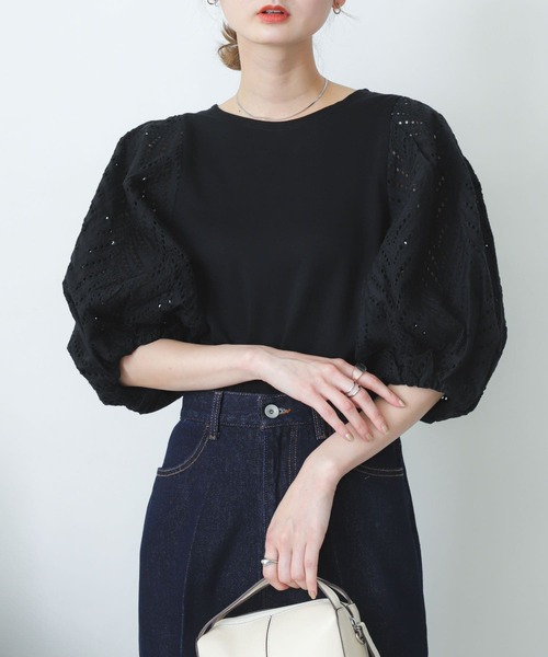 SENSE OF PLACE by URBAN RESEARCH（センスオブプレイスバイアーバンリサーチ）の「レースドッキングトップ（Tシャツ/カットソー・レディース・ライトブルー/ブラック/オフホワイト・ONE）」の3枚目の写真