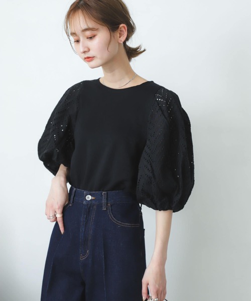 SENSE OF PLACE by URBAN RESEARCH（センスオブプレイスバイアーバンリサーチ）の「レースドッキングトップ（Tシャツ/カットソー・レディース・ライトブルー/ブラック/オフホワイト・ONE）」の4枚目の写真