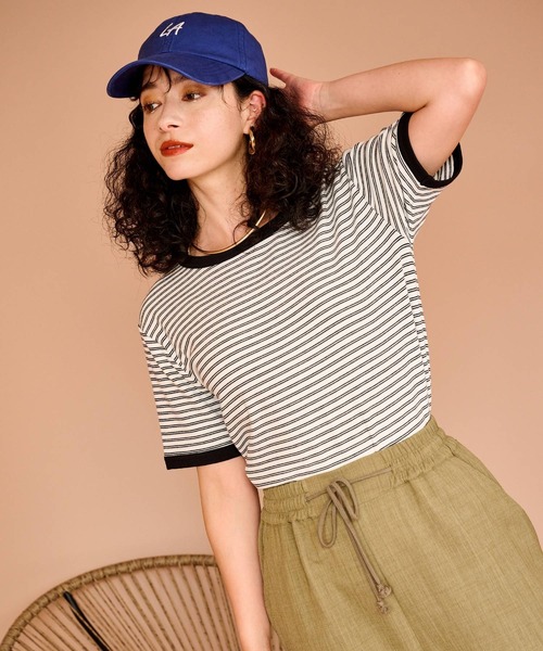 bohmal(ボマール)の「配色ボーダーリンガーTシャツ(Tシャツ/カットソー・レディース・ホワイト/ピンク/ブルー・FREE)」の1枚目の写真