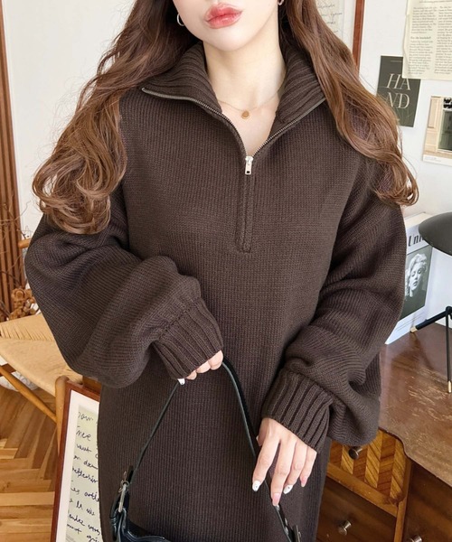 moment+（モーメントプラス）の「6G ハーフジップニットワンピース（ワンピース・レディース・ブラック/アイボリー/モカ/チャコールグレー/ブラウン・FREE/L/M）」の4枚目の写真