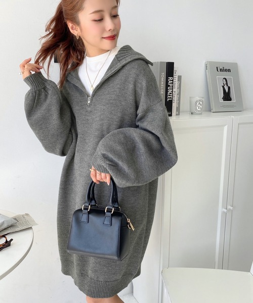 moment+（モーメントプラス）の「6G ハーフジップニットワンピース（ワンピース・レディース・ブラック/アイボリー/モカ/チャコールグレー/ブラウン・FREE/L/M）」の3枚目の写真