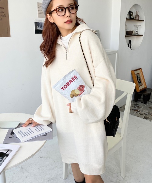 moment+（モーメントプラス）の「6G ハーフジップニットワンピース（ワンピース・レディース・ブラック/アイボリー/モカ/チャコールグレー/ブラウン・FREE/L/M）」の19枚目の写真